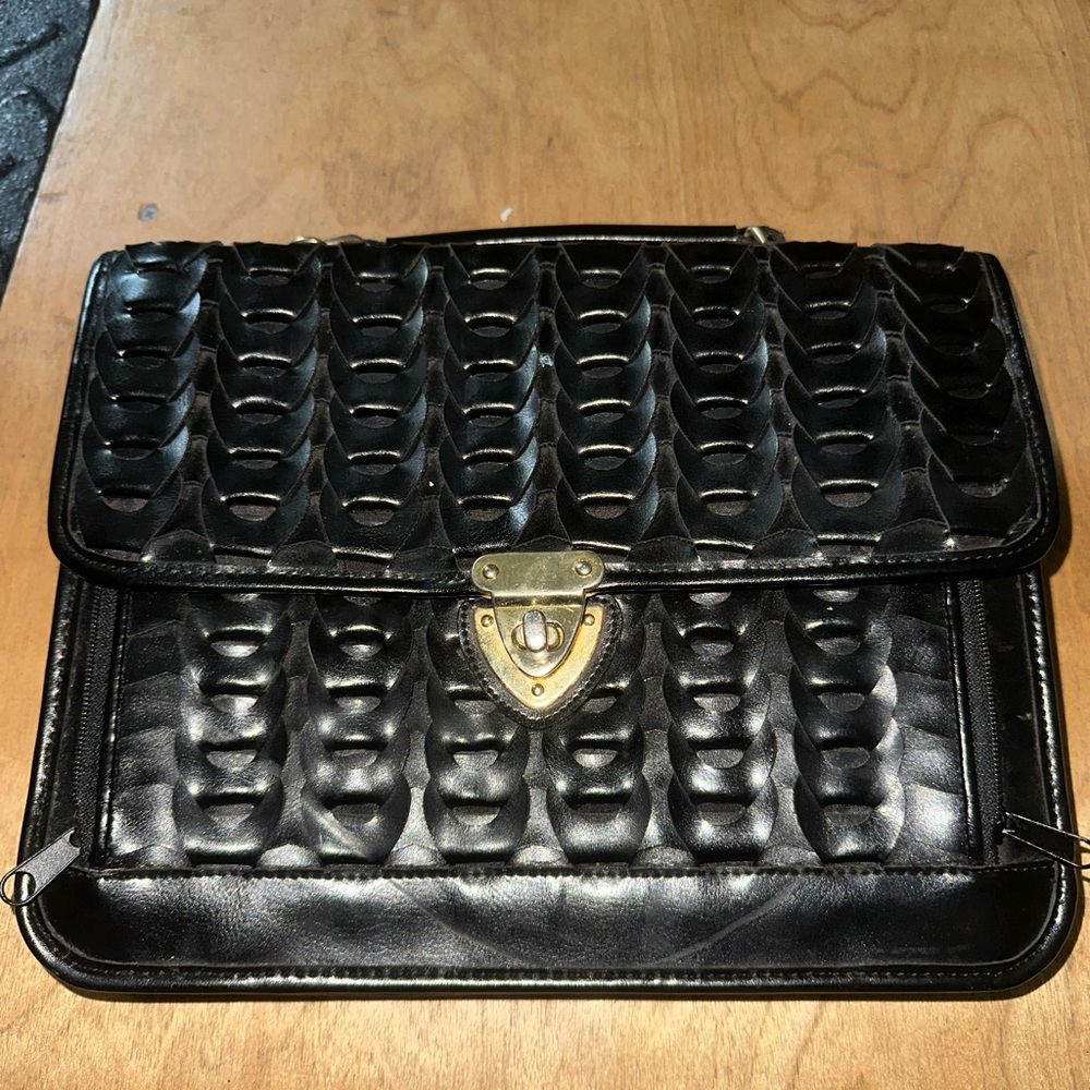 Black Quilted Patent Briefcase with Gold-Tone Lock